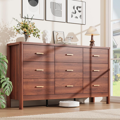 Modern drawer walnut dresser - modern, 9-drawer
